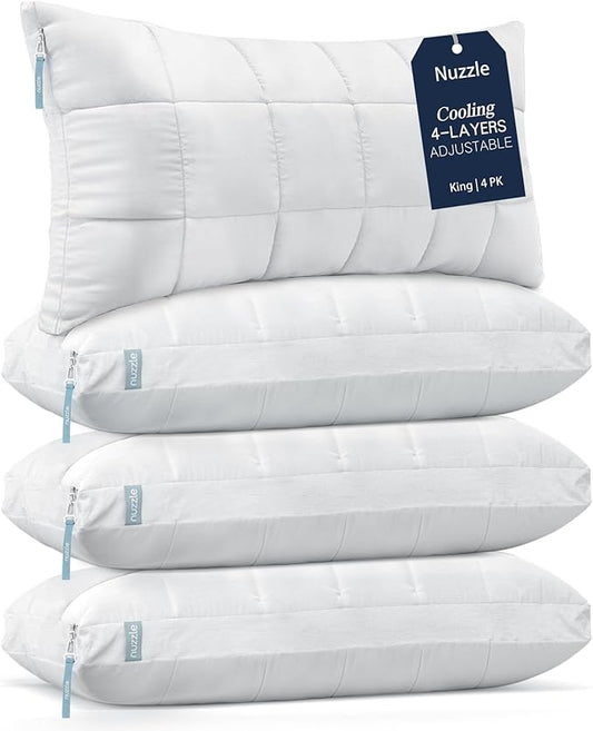 Nuzzle King Size Pillows Set of 4 Cooling Adjustable Pillows for Side Sleepers, Luxury Hotel Collection Bed Pillows – Best Adjust Height Soft Firm Pillows for Back, Stomach and Side Sleepers