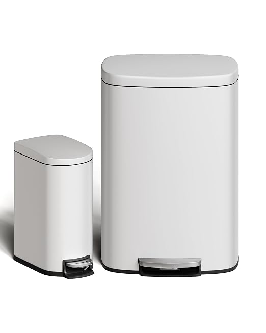 Garvee 13 gal (50 L) and 2.6 gal (10 L) Metal Trash Can Combo Set, Rustproof Garbage Can with Lid, Step-on Trash Bin with Inner Bucket, Rear Handle, White by Garvee
