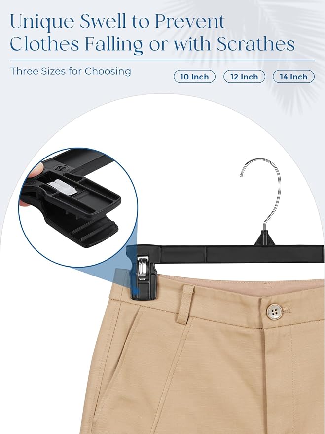 Smartor Space Saving Heavy Duty Hangers - 300 Pack, Slim Plastic Pants and Shorts Hangers, Ridged Non-Slip with Pinch Clips, 360-Rotating Chrome Swivel Hook, Black, 12 Inch - Image 7