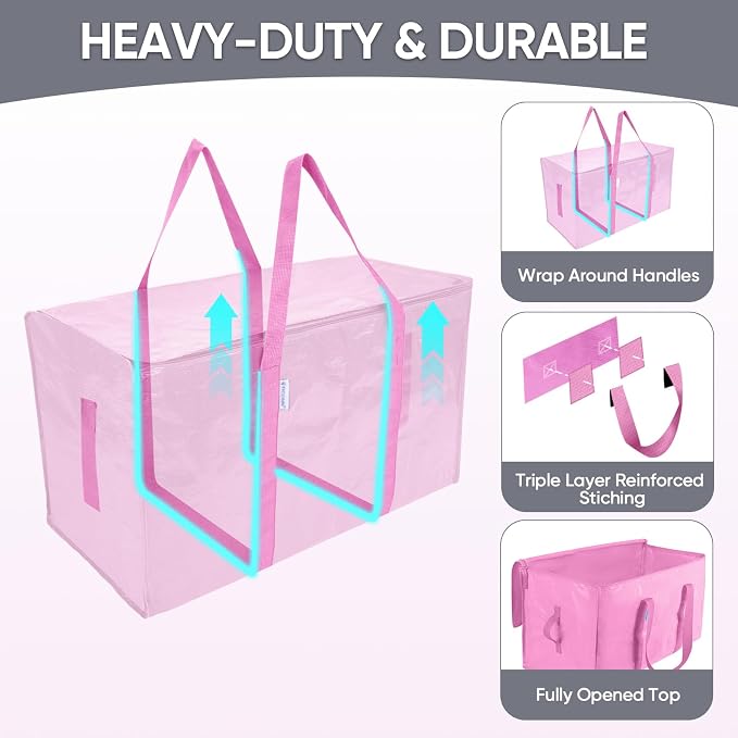 TICONN 6 Pack Extra Large Moving Bags Heavy Duty with Zippers & Carrying Handles, Durable Storage Bags Moving Boxes for Closet Organizers and Storage (6 Pack, Pink) - Image 3