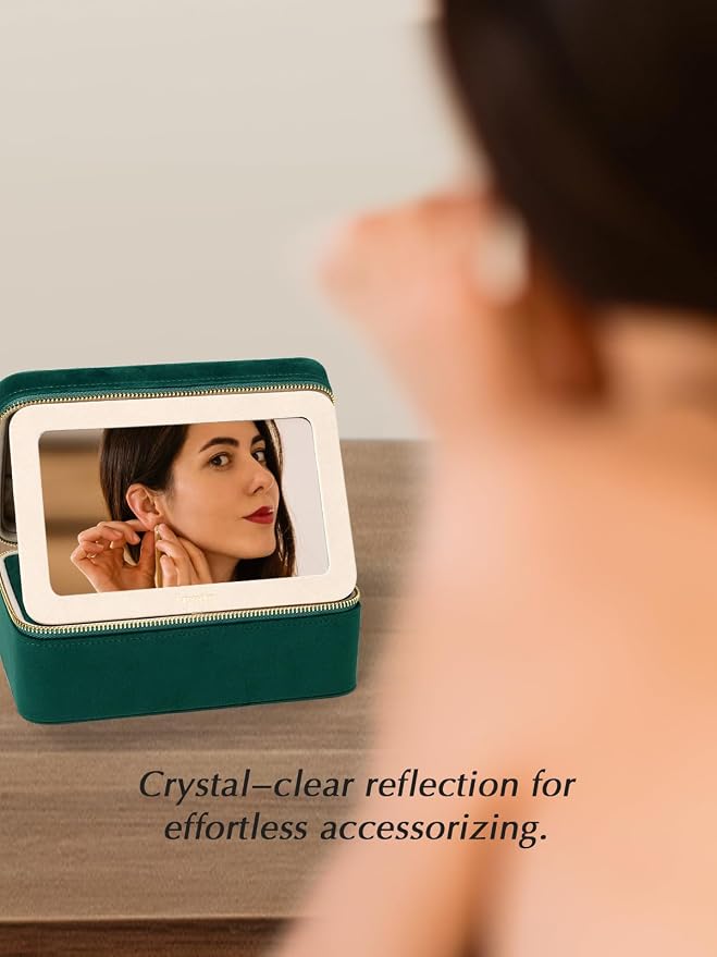 Velvet Travel Jewelry Box with Large Mirror, Double-Layer Jewelry Organizer Case for Women and Girls, Portable Storage Case with 6 Anti-Tarnish Bags Gift Ready for Her (Emerald Green) - Image 7