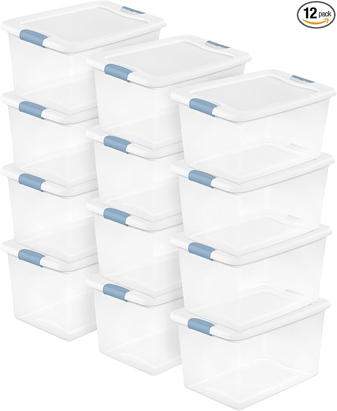 Sterilite 12-Pack 64 Quart Latching Box, Clear Plastic Storage Organizer Bins with White Lids - Large Stackable Containers for Home Bedroom, Dorm Room, and Closet Organization