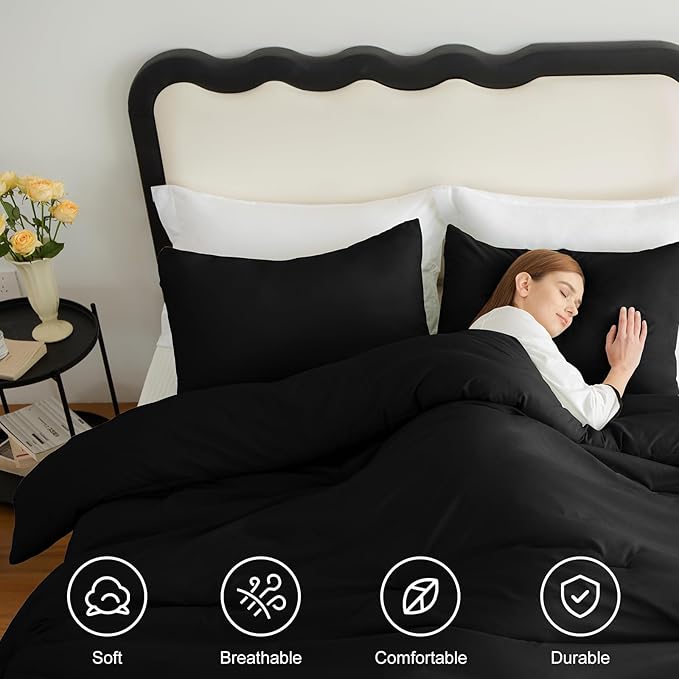 CozyLux Oversized Queen Comforter Set Black, 3 Pieces 98x98 Solid Breathable Quilted Bedding Sets for All Season, Luxury Soft Lightweight Bed Set with Down Alternative Comforter and 2 Pillowcases
