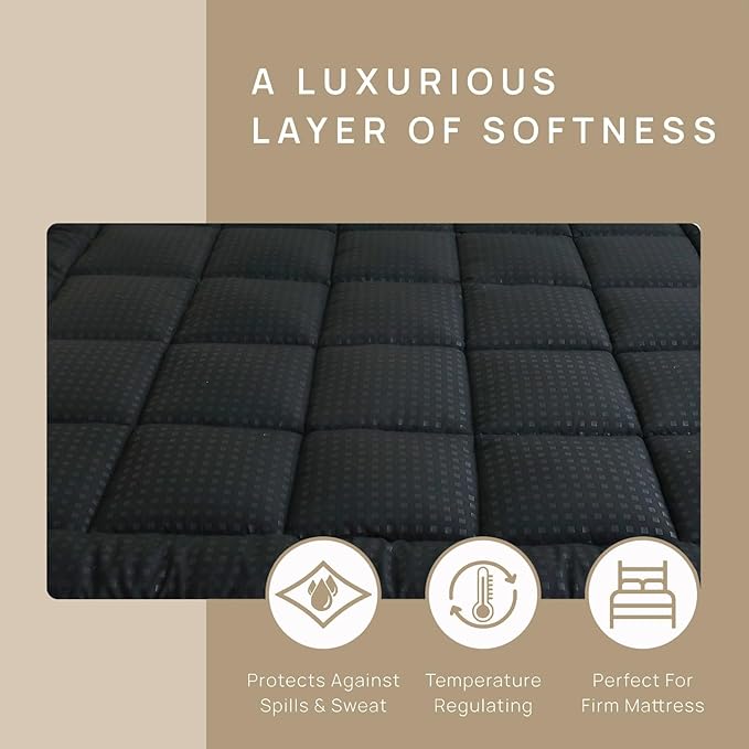 Quilted Fitted Mattress Pad, Elastic Fitted Mattress Topper Protector and Cover Stretches up to 14 Inches Deep, 4 Anchor Elastic Bands, Machine Washable (Black, Full)