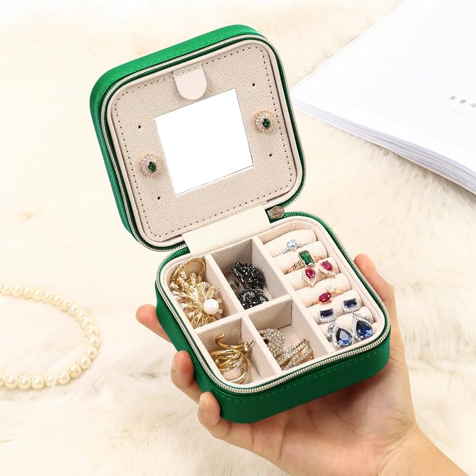 TRODANCE Jewelry Travel Case with Mirror,Small Travel Jewelry Organizer, Portable Jewelry Box Travel Mini Organizer Portable Display Storage Box For Rings Earrings Necklaces (Green) - Image 2