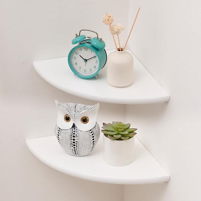 Corner Shelf, White Floating Corner Shelf, Set of 2 7inch Solid Oak Wood Corner Wall Shelves, Round End Wall Mount Display Shelf with Wire Hole for Small Plant for Bedroom Kitchen, Living Room by Coamily