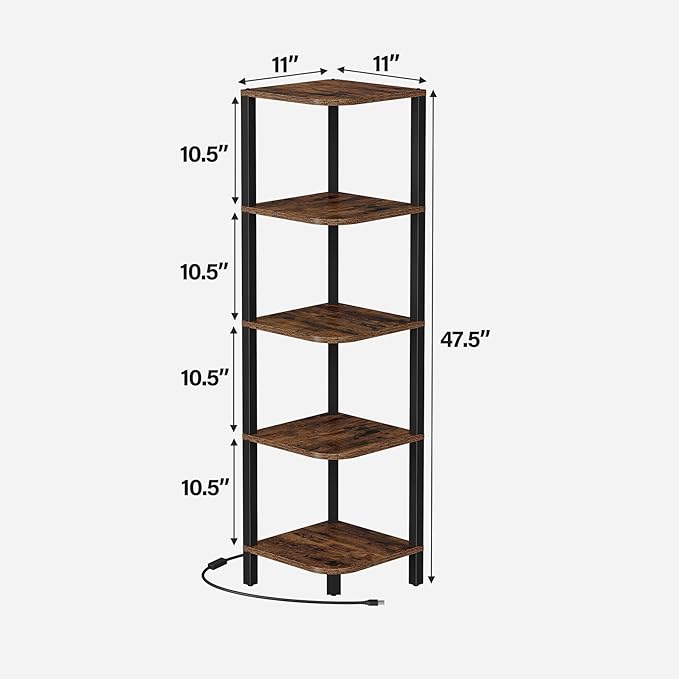 TUTOTAK Corner Shelf with LED Light, 5-Tier Corner Bookshelf for Small Space, Narrow Display Corner Shelf Stand with Storage Rack, for Living Room, Bedroom, Rustic Brown BS08BB005L - Image 2