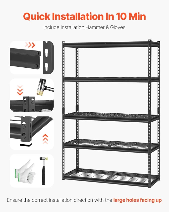 VEVOR Storage Shelves, 2500 lbs, 5 Tier Heavy Duty Garage Shelving, 18" D x 48" W x 72" H Adjustable Metal Shelves for Industrial Shelving Unit Utility Shelf, for Kitchen, Warehouse, Basement, Black - Image 7