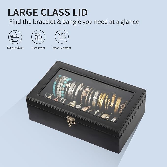 AUTOARK Bracelet & Watch Storage Box with Glass Lid & 2 Anti-Roll Rods,PU Leather Jewelry Case,Soft Lined Locking Organizer for Women,Gift for Dresser & Cabinet Display,Black,MKAW145 - Image 4