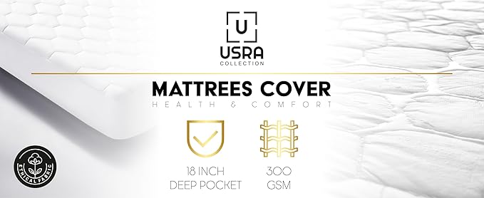USRA 100% Cotton Twin Mattress Topper Protector Cover - 300 GSM Quilted Non-Toxic 18" Deep Premium Quality Thick Soft Water Resistant Pad for Mattress - Oeko-TEX Certified
