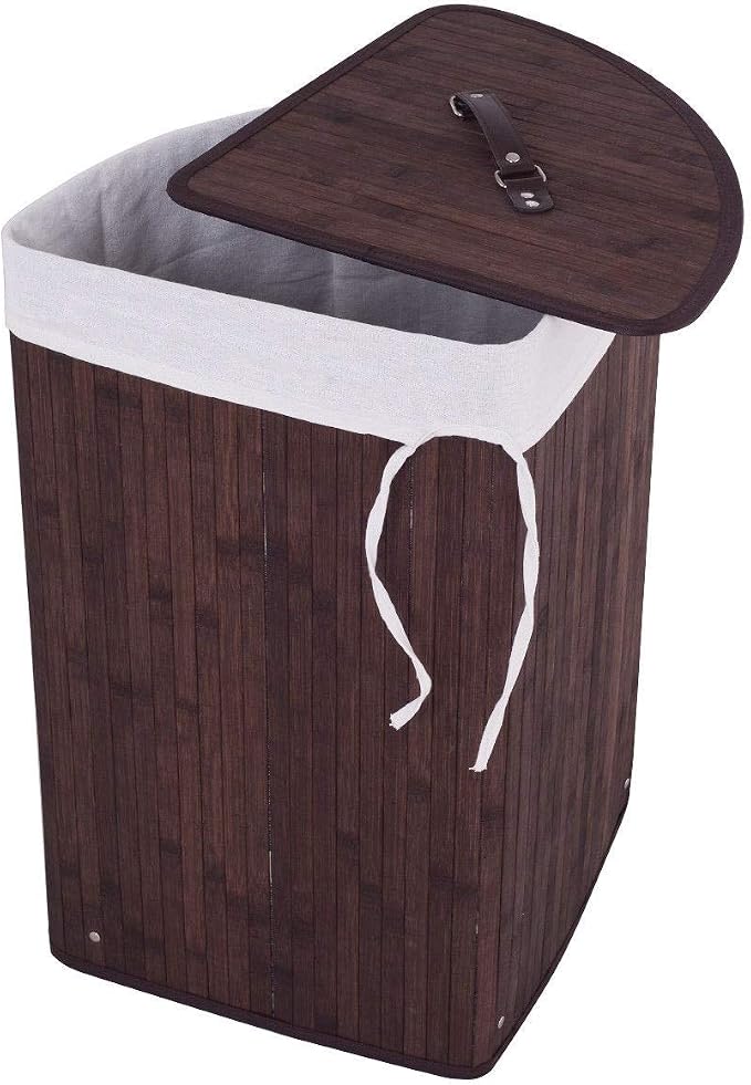 GOFLAME Corner Bamboo Laundry Hamper with Lid and Removable Liner, Washing Clothes Basket Storage Bin with Handle, Suitable for Bedroom, Bathroom, Laundry (Brown) - Image 8