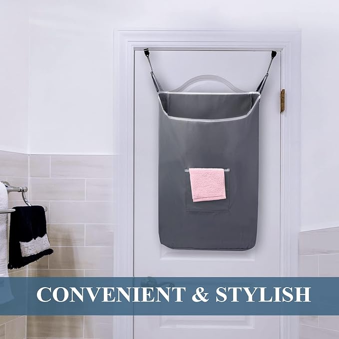 The Fine Living Co. X-Large Hanging Laundry Hamper with Over Door Hooks & Adhesive, Durable Space Saving Laundry Bag with Zipper and Wide Open Top,Hanging Dorm Laundry Hamper 20"x3.75"x31" (Gray-XL) - Image 5