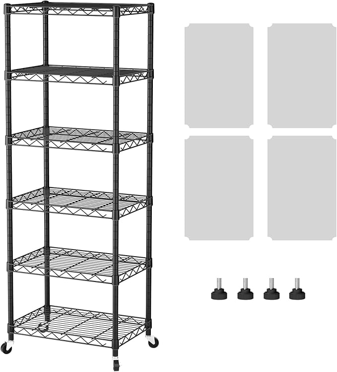 SINGAYE 6 Small Shelf Storage Wire Shelves Closet Bathroom Organizers Metal Pantry Kitchen Garage Shelving Unit Laundry Room Organization Home Narrow Rack Net Basket with Wheels Black by SINGAYE