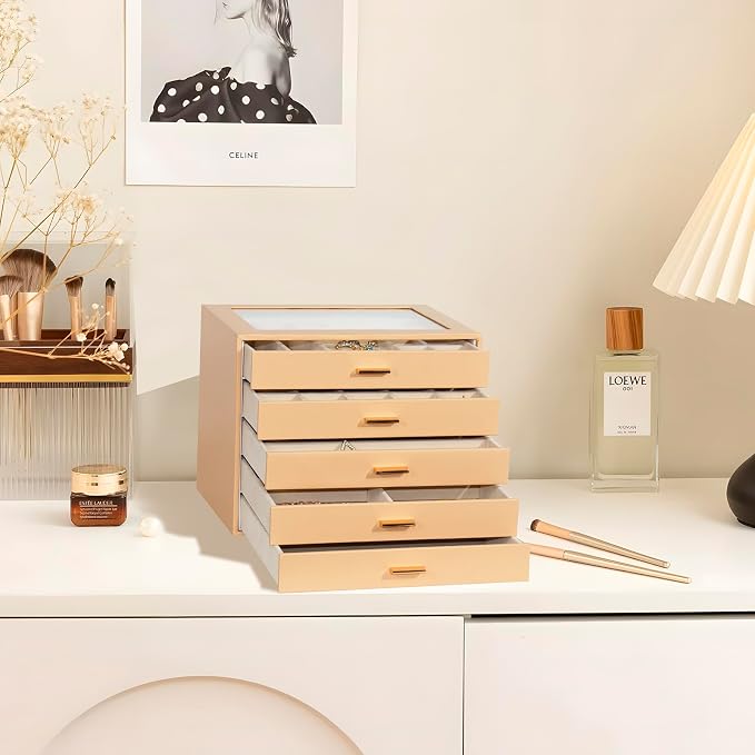 Jewelry Box with Glass Lid, 5-Layer Jewelry Organizer for Women Girls, PU Leather Display Case with 20-Grid Earring Tray & Movable Dividers for Necklaces Rings,Camel - Image 2