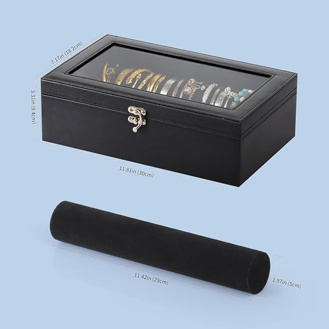 AUTOARK Bracelet & Watch Storage Box with Glass Lid & 2 Anti-Roll Rods,PU Leather Jewelry Case,Soft Lined Locking Organizer for Women,Gift for Dresser & Cabinet Display,Black,MKAW145 - Image 2