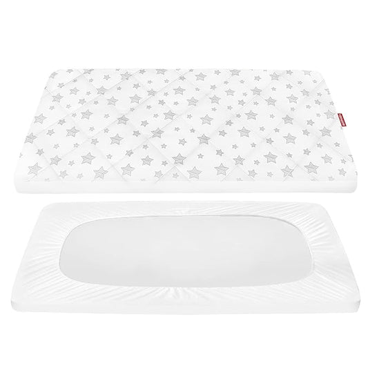 Pack and Play Sheet Quilted, Breathable Thick Playpen Lovely Print Cover 39"×27"×5" Compatible with Graco Portable Mini Cribs, Suitable for Yards and Foldable Mattress Pack and Play Pad, White Star