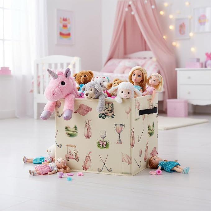 Pink Bow Golf Storage Bin Box with Handles, Golfers Golf Lovers Gifts Foldable Baskets Organizer for Girls Room Nursery Bathroom Home Sports Room Clothes Toys Books, Toybox for Girls - Image 5