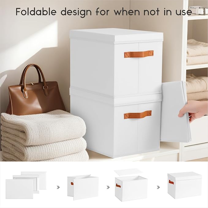 Homsorout Storage Bins with Lids - Large Fabric Closet Bins with Lid, 5 Pack Clothes Organizers and Storage, Collapsible Stackable Cube Basket for Home, Office, Dorm, White - Image 3