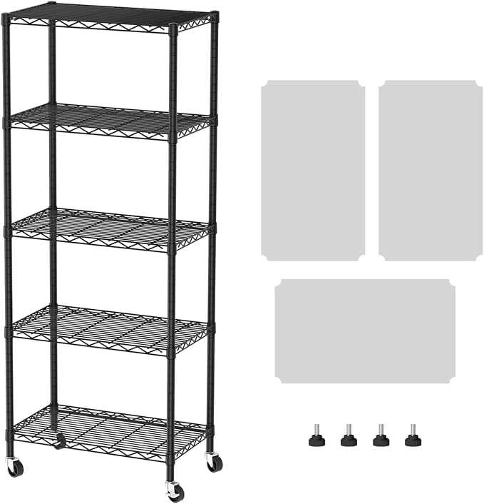 SINGAYE 5 Shelf Storage Wire Shelves Closet Bathroom Organizers Metal Pantry Kitchen Garage Shelving Unit Laundry Room Organization Home Narrow Rack Net Basket with Wheels Black by SINGAYE