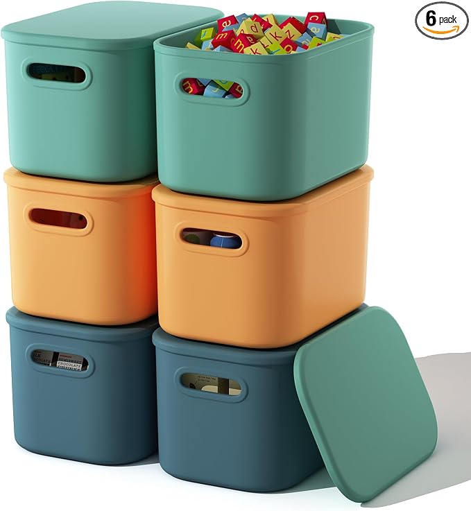 ORGIDOL 6 Pack Colorful Storage Bins with Lids Stackable Storage Container for Organizing, Storage Boxes with Handle for Shelves, Cute Storage Bin for Craft, Snacks, 9.85x6.9x5.7 inch by ORGIDOL
