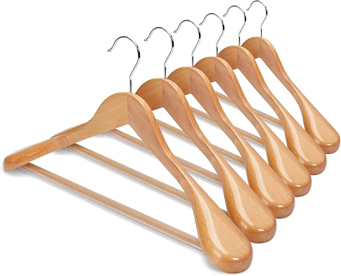 HOUSE DAY Wide Shoulder Wooden Hangers, Suit Hangers with Non Slip Pants Bar, Smooth Finish 360° Swivel Hook High-Grade Solid Wood Coat Hangers for Dress, Jacket, Heavy Clothes Hanger 6 Pack (Natural) by HOUSEDAY