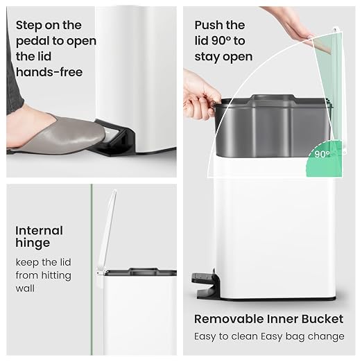Cesun Small Bathroom Trash Can with Lid Soft Close, Step Pedal, 6 Liter / 1.6 Gallon Stainless Steel Slim Garbage Can for Bedroom, Diaper Waste Basket with Removable Inner Bucket (White) - Image 4