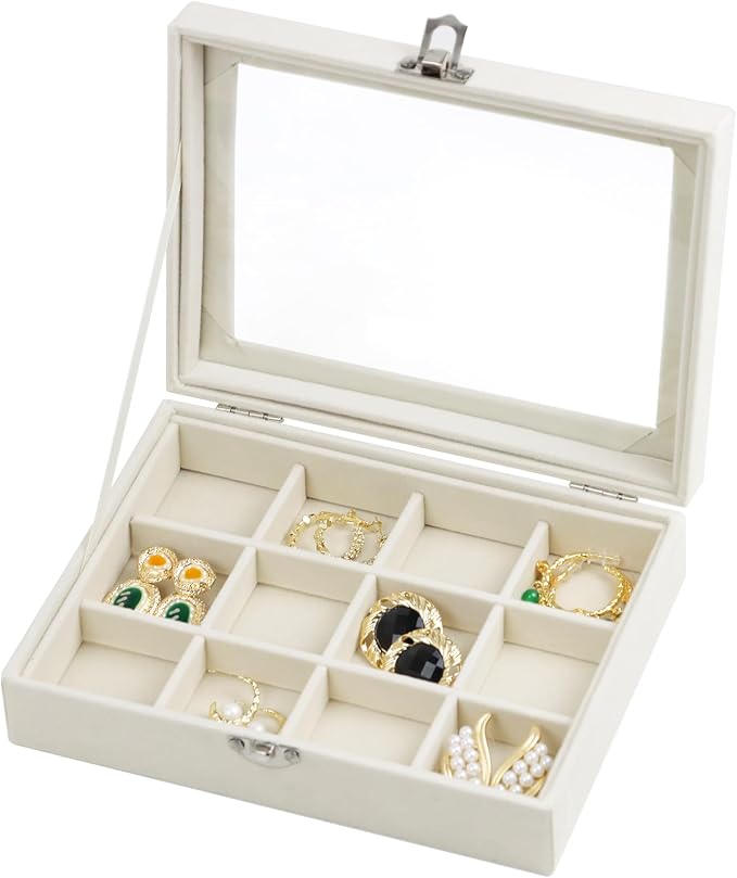 Fordonral Velvet Jewelry Organizer Box, Jewelry Drawer Organizers Trays, Earring Ring Necklace Holder Display Case (Beige, 12 Grid Box) by Fordonral