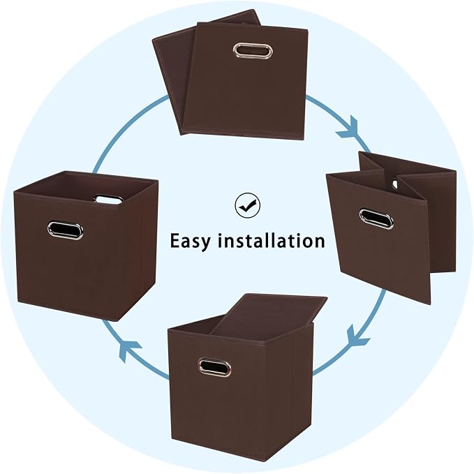Fabric Cubby Storage Bins, 13x13x13 Inches, Foldable Storage Bins with Dual Handles, Set of 6, Coffee - Image 6
