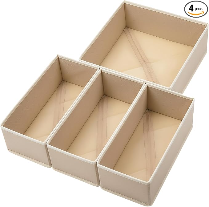 Bructhun Drawer Organizer Set of 4 Khaki - Fabric Storage Bins for Clothes, Underwear, Socks & Bras - 11" Dresser Dividers for Bedroom Closet by Bructhun