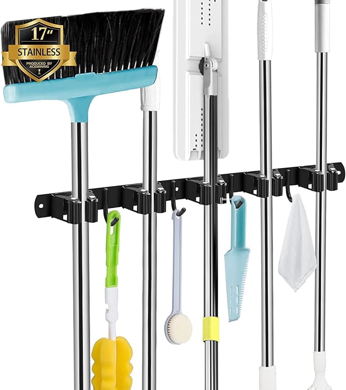 Black 5 Racks and 4 Hooks Mop and Broom Holder Wall Mount, Broom Organizer Storage Tool Racks Stainless Steel Heavy Duty Hooks Self Adhesive Solid Non-slip for Home Kitchen Garden Laundry Garage by AceMining