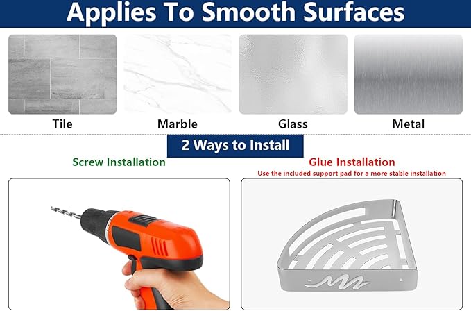 NearMoon Bathroom Corner Shelf Shower Caddy 2 Pack, No Drill 304 Stainless Steel Shower Organizer with 2 Hooks (Chrome) - Image 3