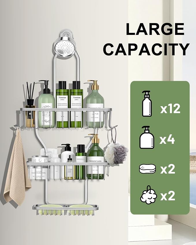 Shower Caddy Hanging - Never Rust Shower Hanging Organizer - Aluminum Over the ShowerHead Caddy with 6 Hooks for Razor/Sponge (Silver) - Image 7