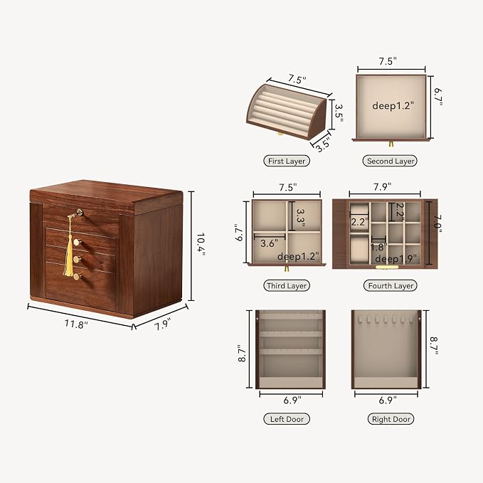 CHOSIN Black Walnut Wooden Jewelry Box, 4 Layer Lockable Organizer with Mirror, Rotatable Ring Holder,Side Doors & Brass Handle, Classical Design for Rings, Necklaces, Mothers Day Gift for Mom - Image 3