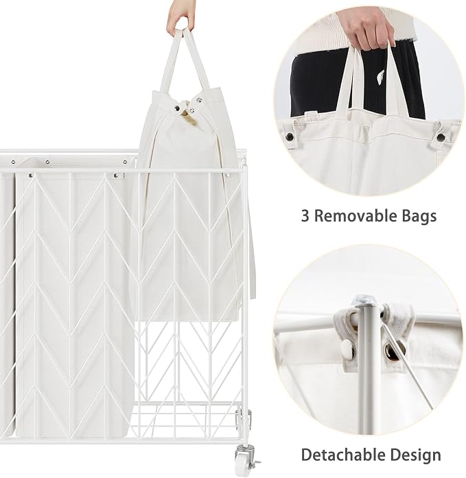 WOWLIVE Laundry Basket with Wheels, 142L Laundry Hamper 3 Section with Lid, Dirty Clothes Hamper with Removable Bags, Large Capacity Iron-Made Laundry Basket Organizer Laundry Sorter for Dorm, White - Image 5