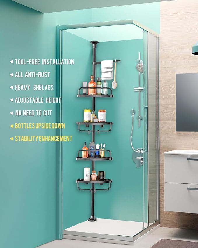 ADOVEL 4 Layer Corner Shower Caddy, Stainless Steel Constant Tension Pole Shower Organizer, Adjustable Corner Shower Shelf, Rustproof 3.3 to 9.8 ft - Image 2
