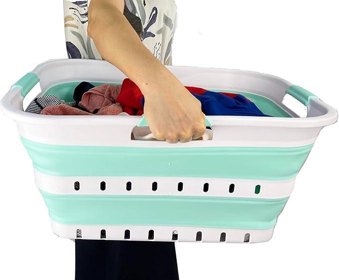 SAMMART 42L (11 gallon) Collapsible Plastic Laundry Basket - Foldable Pop Up Storage Container/Organizer - Space Saving Hamper/Basket (1, White/Light Green) - Image 7