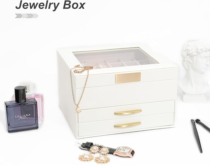 Jewelry Storage Box with Glasses Lid, 3-Tiers Jewelry Organizer Box for Women Girls, Jewelry Case for Rings, Bracelets Earrings, Necklaces (White) - Image 7