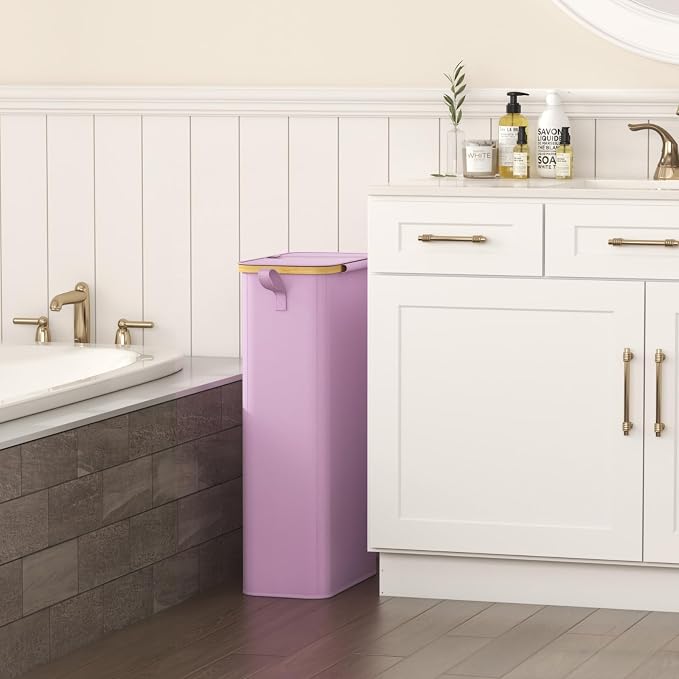 Lifewit 65L Slim Laundry Hamper with Lid, Narrow Laundry Basket with Removable Bag & Bamboo Handles, Fodable Thin Dirty Clothes Hamper for Laundry Collapsible Bin for Bathroom Bedroom Dorm, Purple - Image 2