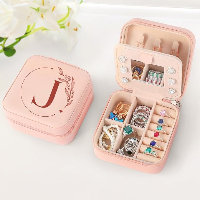 SANDJEST Personalized Jewelry Box, Pink Small Travel Jewelry Box with Initial J, Monogrammed Jewelry Case Organizer for Girls Women Teen, Mini Travel Essentials Gifts for Christmas Birthday - Image 5