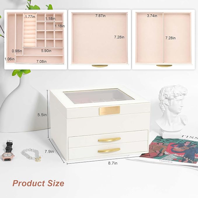 Jewelry Storage Box with Glasses Lid, 3-Tiers Jewelry Organizer Box for Women Girls, Jewelry Case for Rings, Bracelets Earrings, Necklaces (White) - Image 3