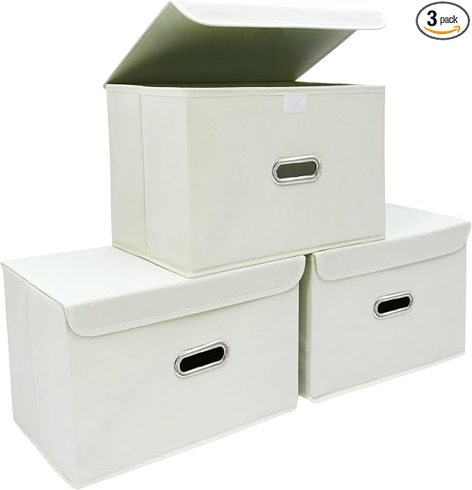 STOREONE Fabric Storage Cube Bins Foldable Organizer Container Collapsible Basket with Lids and Metal Handles, for Home, Bedroom, Closet 3 Pcs (Creamy-White) by STOREONE