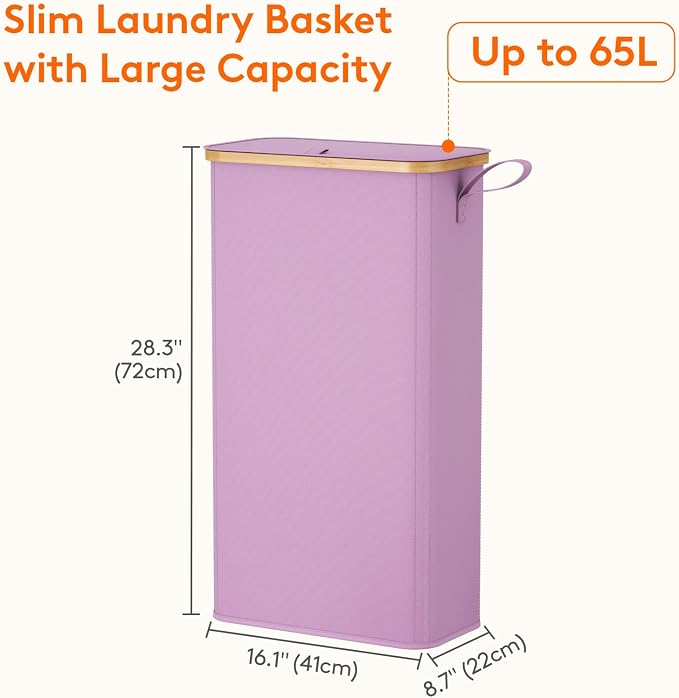 Lifewit 65L Slim Laundry Hamper with Lid, Narrow Laundry Basket with Removable Bag & Bamboo Handles, Fodable Thin Dirty Clothes Hamper for Laundry Collapsible Bin for Bathroom Bedroom Dorm, Purple - Image 3