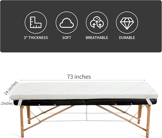 HOMBYS Memory Foam Massage Bed Mattress Topper with Cooling Rayon Derived from Bamboo Cover, Lash Bed Table Mattress Topper with Elastic Bands, Cushion Only, White, 73" x 24"