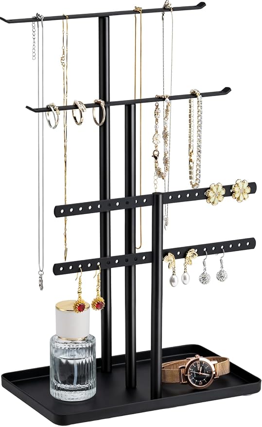 pickpiff Jewelry Stand Organizer, 12.5" Tall Sturdy Metal, 3-Tier Jewelry Holder for Necklace, Earring, Bracelet, Ring, Hanger for Display and Storage, Aesthetic Room Decor, Black by pickpiff
