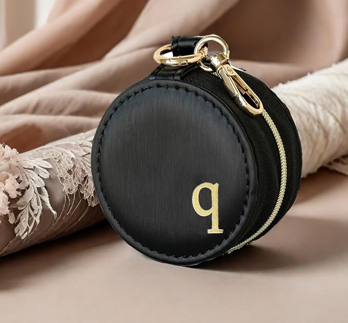 COLLECTIVE HOME - Monogrammed Letter Jewelry Case, Portable Travel Ring Holder Box with Keychain, Personalized Initial Organizer for Earrings Necklaces, Gift for Her (Black-q) - Image 2