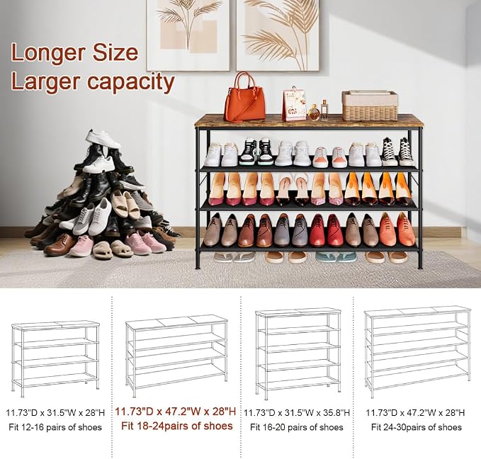 INGIORDAR Shoe Rack Organizer 5 Tier Metal Organizer Shelf with Industrial MDF Board and Layer Fabric for Entryway Closet Bedroom Living Room Garage (Black+Rustic Brown, 4 Tier(47.2" W)) - Image 4