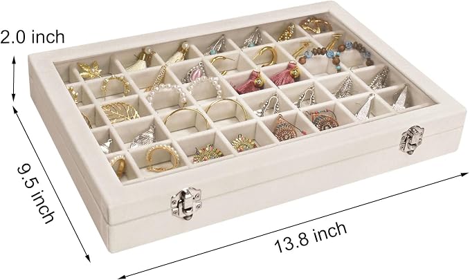 Siveit Velvet Jewelry Tray 48 Grid Jewelry Display Tray Organizer Box with Transparent Lid Rings Earrings Necklaces Pendants Display Box Suitable for Women and Girls (Beige) - Image 2