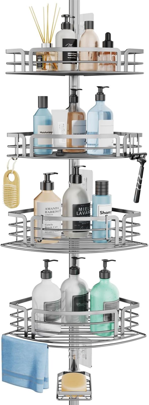 Consumest Corner Shower Caddy Tension Pole - Rustproof Shower Shelves with Towel Bar & Soap Holder, Adjustable Bath Organizer for Bathroom Storage, 27.6-108.3 inch, Silver by Consumest