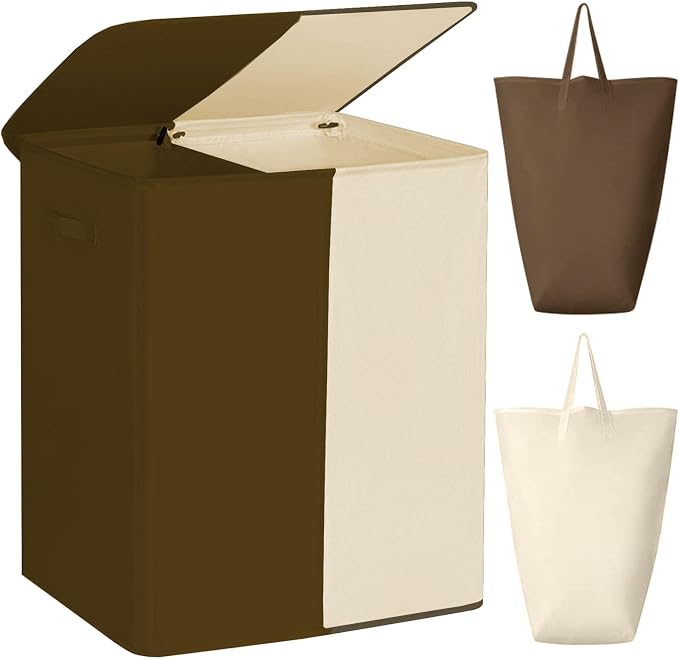WOWLIVE Double Laundry Baseket with Lid and Removable Laundry Bags,154L Large Laundry Hamper 2 Section Collapsible Dirty Clothes Hamper for Laundry Room,College Dorm,Bathroom,Brown and Beige by WOWLIVE