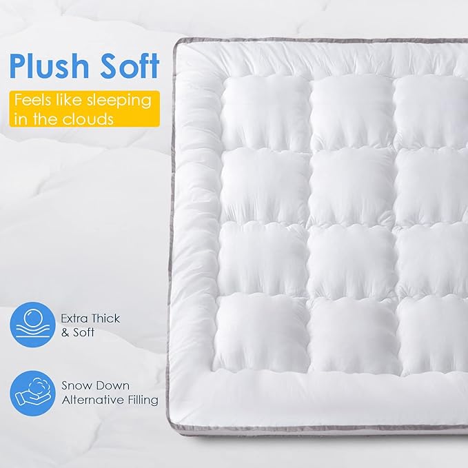 QUEEN ROSE Mattress Topper Queen, Extra Thick Pillow-Top Mattress Pad Bed Covers, Plush Soft Support, 3D Snow Down Alternative, Cooling Cloud-Like Sleep, Back Pain Relief